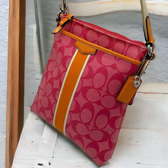 Coach Handbags - 💰SALE💰 EUC Coach Signature Striped Pink/Orange/Silver Swingpack Crossbody